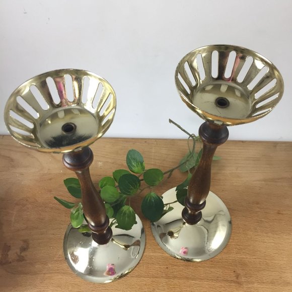 Retro Turned Wood and Metal Pair Candle Holders Votive Tall - Picture 3 of 10